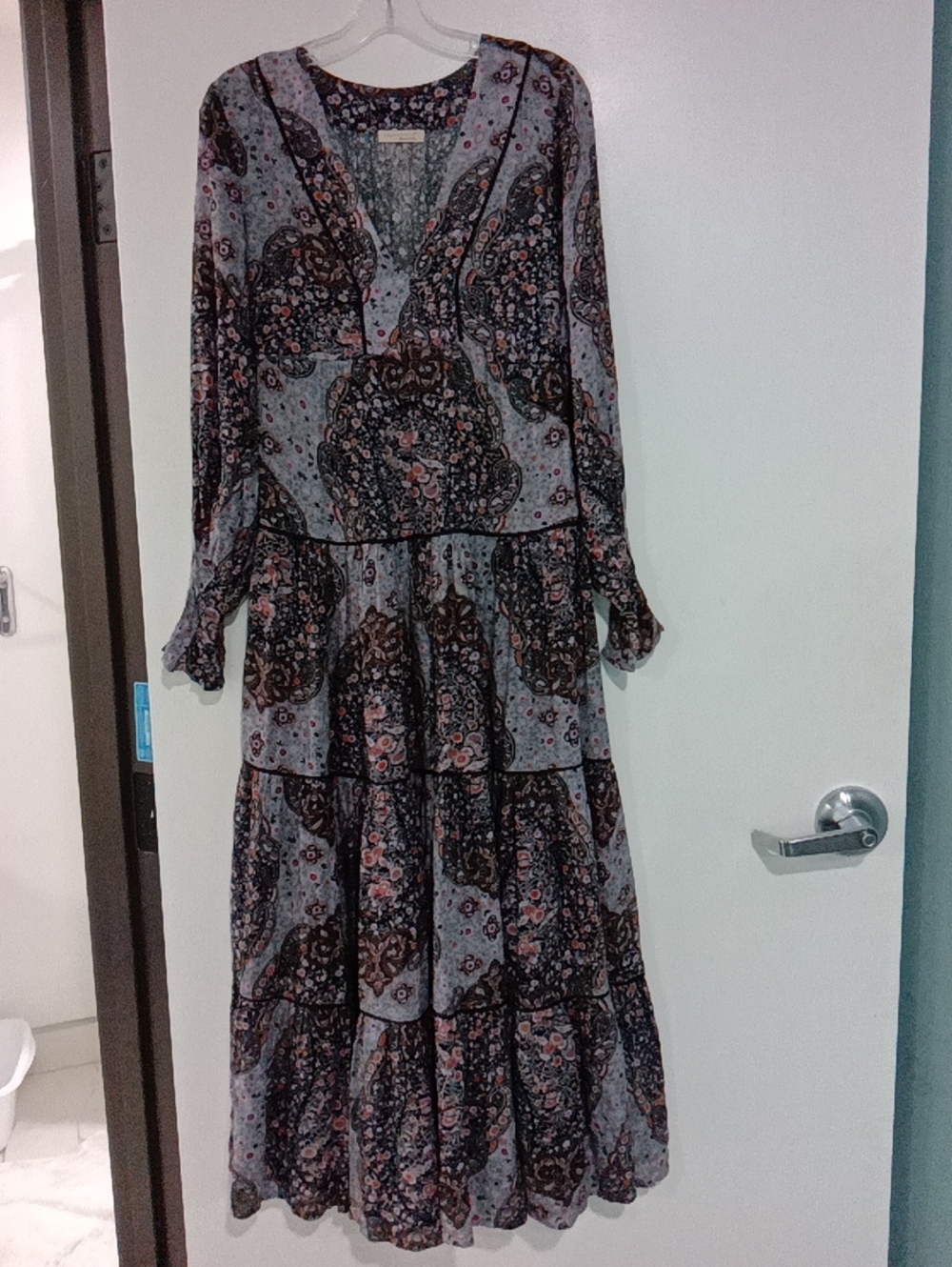 Lovestitch Long Sleeve Tiered Paisley Maxi Dress in Gray, Purple and Pink